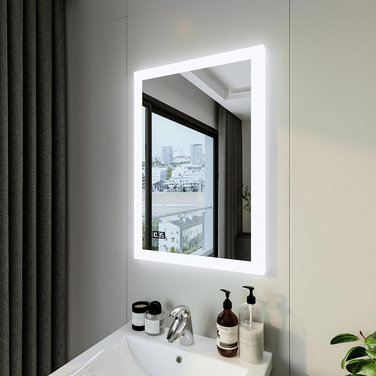 Зеркало для ванной Вега 55 с подсветкой и часами, включение на взмах руки