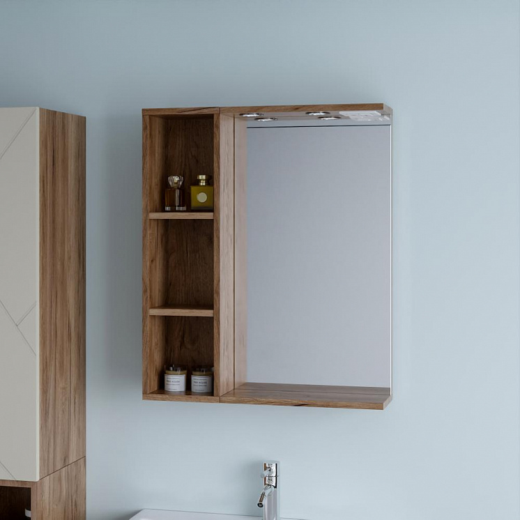 Зеркало для ванной Кристалл 60 с открытым навесным шкафчиком латте
